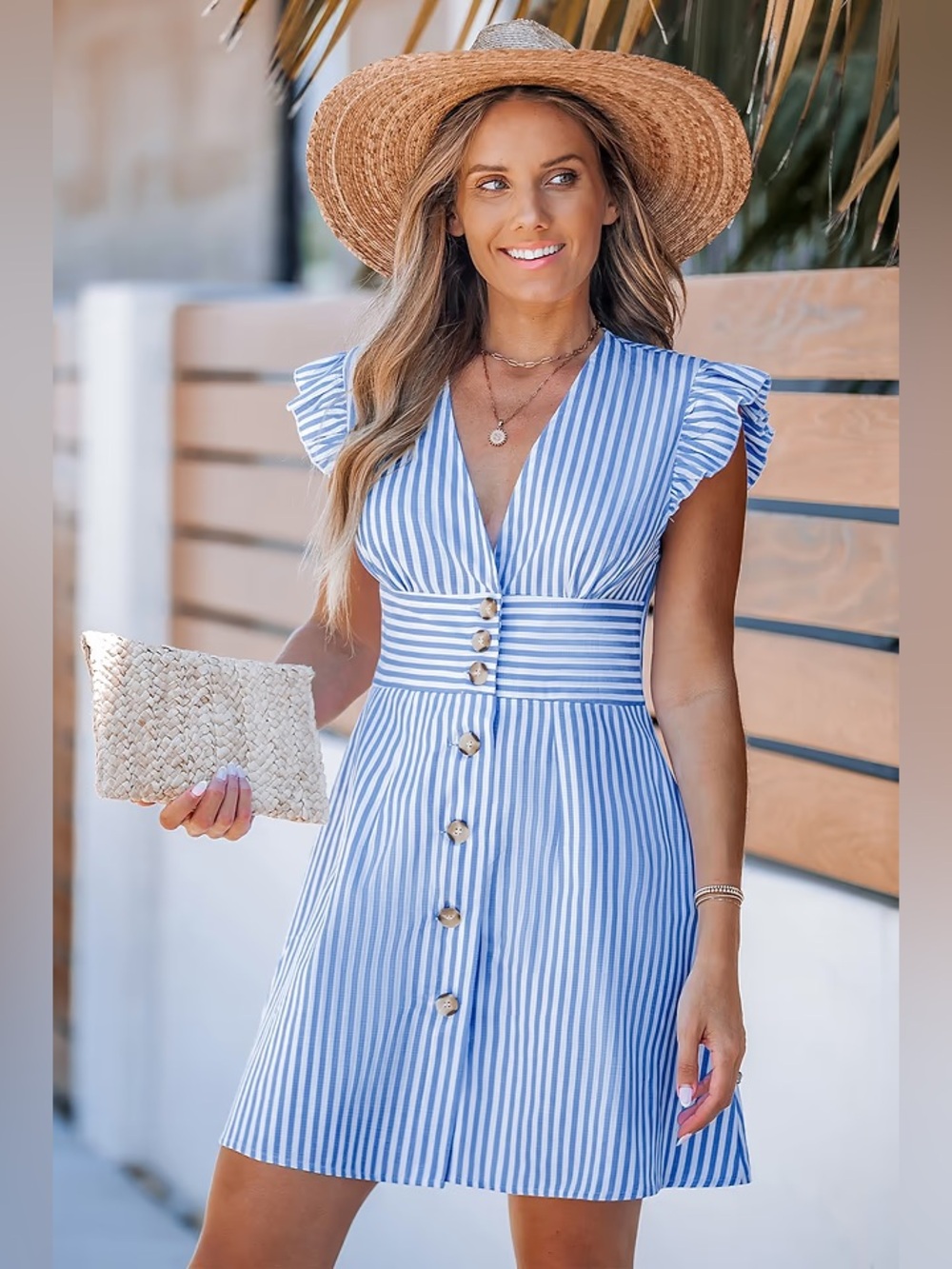 Cupshe M Blue Stripe Flutter Sleeve Button-Front Dress Sundress Resort Swim